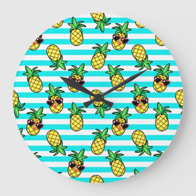 Reloj Redondo Grande Piñas Tropicales: Patrón Retro de Gafas de Sol. (Anverso)