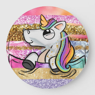 Reloj Redondo Grande Pincel de purpurina de arcoiris de unicornio pince
