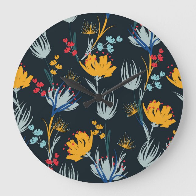 Reloj Redondo Grande Pincel floral de contraste: negro sin foco (Anverso)