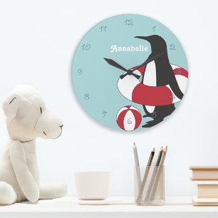 Reloj Redondo Grande Pingüino de dibujos animados azul claro nadando pa