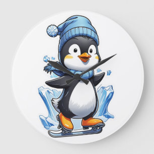 Reloj Redondo Grande Pingüino de invierno patinando sobre hielo