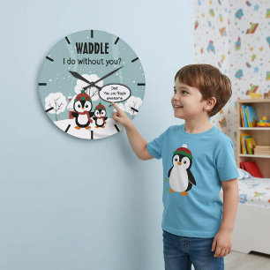 Reloj Redondo Grande Pingüino Gris Y Bebé En Nieve De Invierno