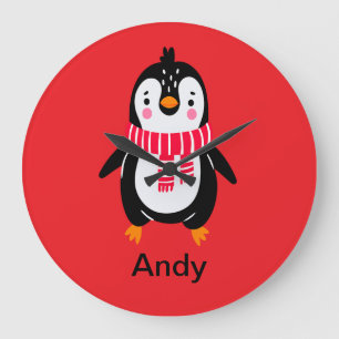 Reloj Redondo Grande Pingüino lindo en franja roja