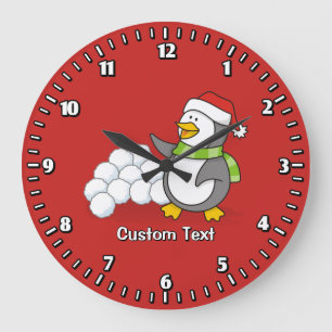 Reloj Redondo Grande Pingüino navidad con bolas de nieve ondeando