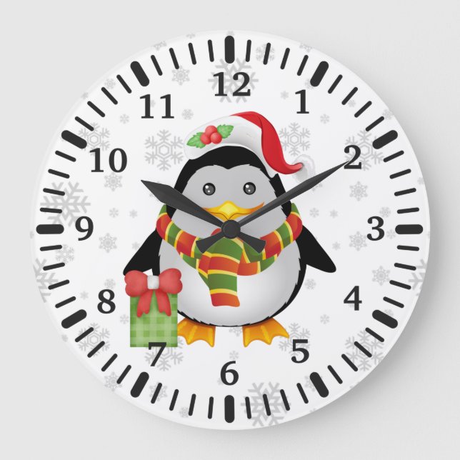 Reloj Redondo Grande Pingüino Navidad lindo con presente (Anverso)