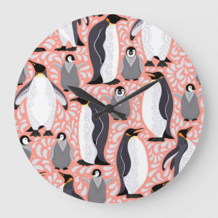 Reloj Redondo Grande Pingüinos emperadores, costillas, estampado decora