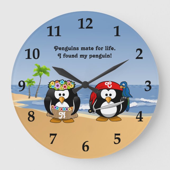 Reloj Redondo Grande Pingüinos Tropicales Pareja Playa Isla Pirata Hula (Anverso)