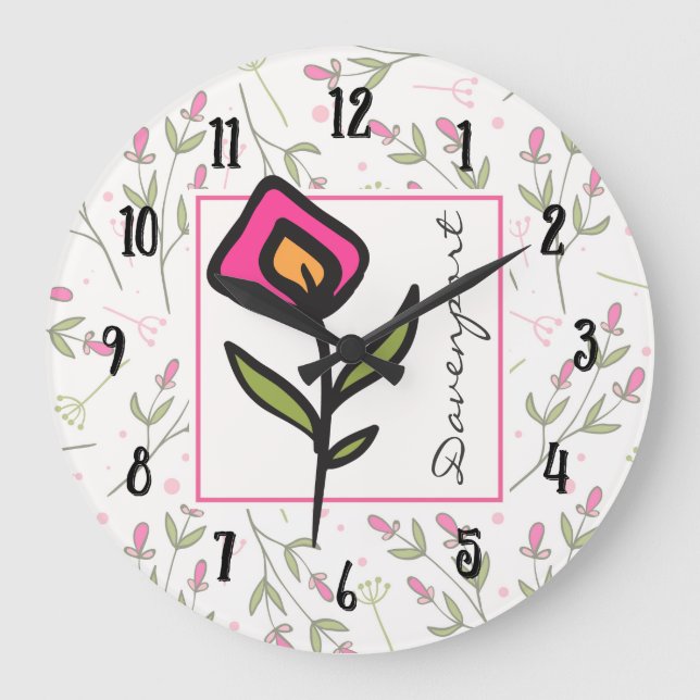 Reloj Redondo Grande Pink and Green Long Stem Wildflowers Personalized (Anverso)