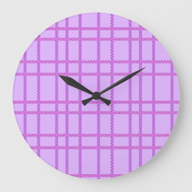 Reloj Redondo Grande Pink and purple flower checkered pattern (Anverso)