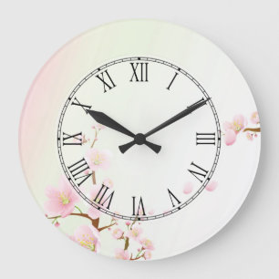 Reloj Redondo Grande Pink And White Cherry Blossom Nature Roman Numeral