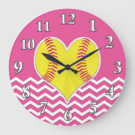 Reloj Redondo Grande Pink and White Chevron Heart Softball Wall Clocks