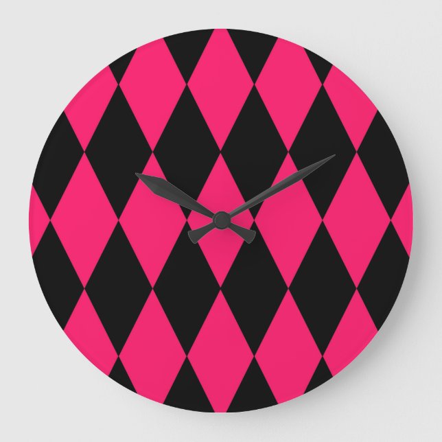 Reloj Redondo Grande Pink Black Harlequin Diamonds Checkers Design  (Anverso)