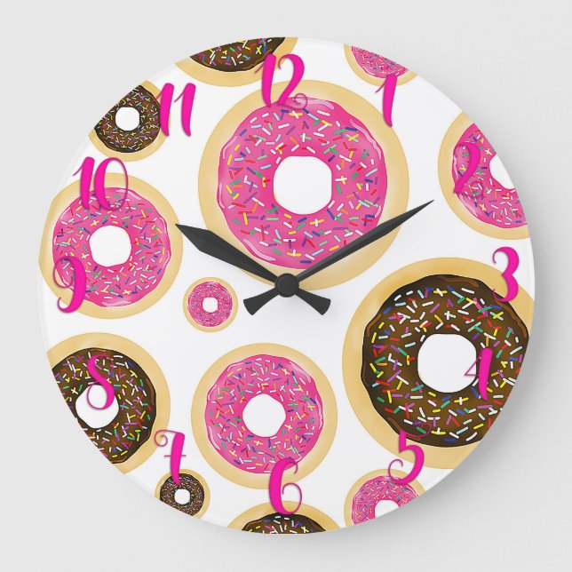 Reloj Redondo Grande Pink & Brown Sprinkle Donuts Modern Fun Cute (Anverso)