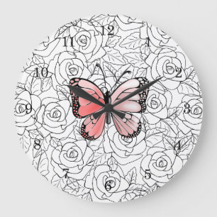 Reloj Redondo Grande Pink Butterfly And Roses Art -