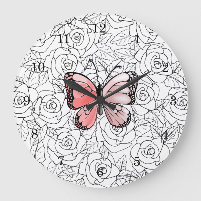 Reloj Redondo Grande Pink Butterfly And Roses Art - (Anverso)
