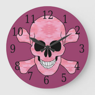 Reloj Redondo Grande Pink Camouflage Skull And Crossbones Clock