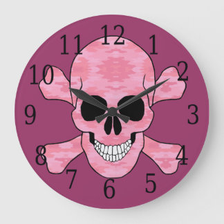 Reloj Redondo Grande Pink Camouflage Skull And Crossbones Clock