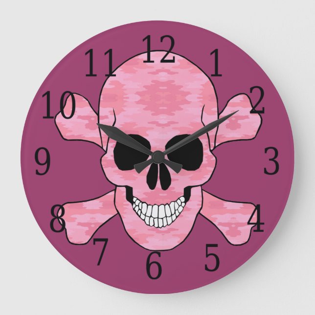 Reloj Redondo Grande Pink Camouflage Skull And Crossbones Clock (Anverso)