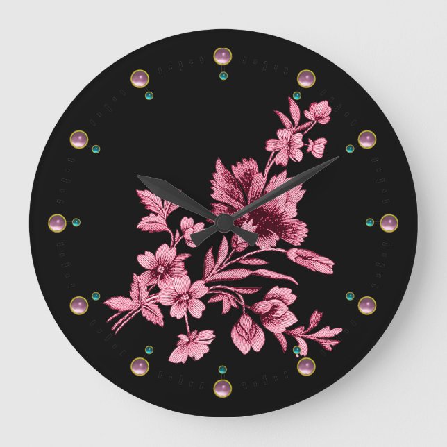 Reloj Redondo Grande PINK CARNATION FLOWER BOUQUET,BLACK Floral (Anverso)