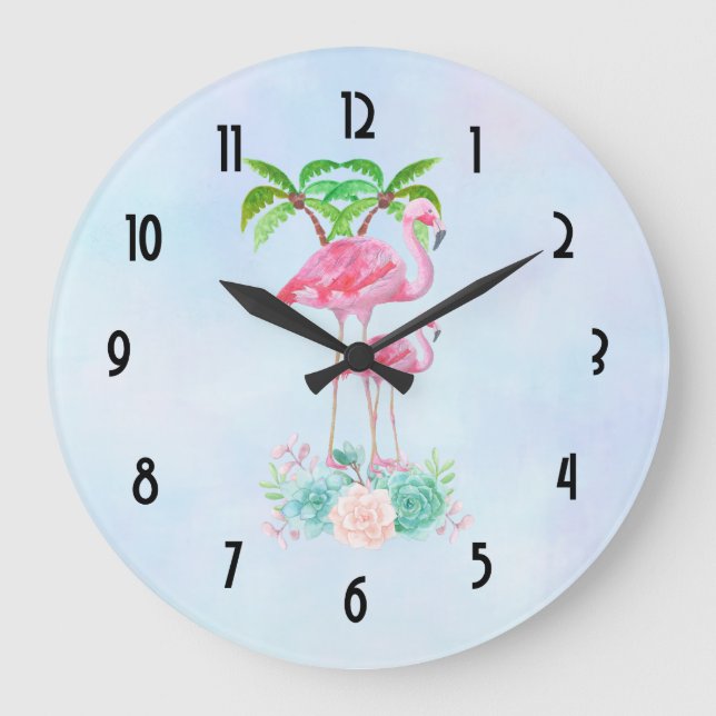 Reloj Redondo Grande Pink Flamingo Momma & Baby with Palm Trete (Anverso)