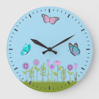 Reloj Redondo Grande Pink Flowers and Butterfly All-Over Print 