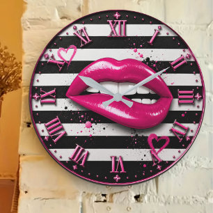 Reloj Redondo Grande Pink Glam Lips Stripes Chic Fashion