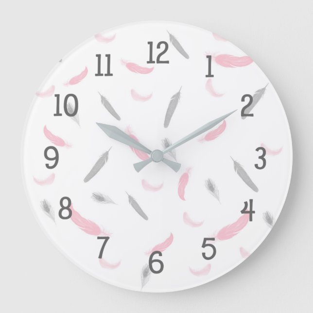 Reloj Redondo Grande Pink Gray feathers clock, girl nursery bedroom (Anverso)