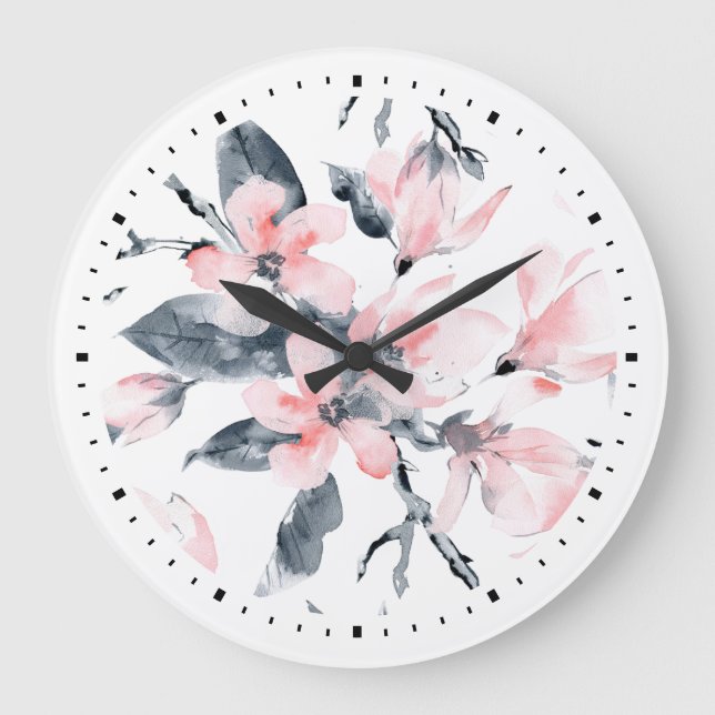 Reloj Redondo Grande Pink & Gray Floral Watercolor Pattern (Anverso)