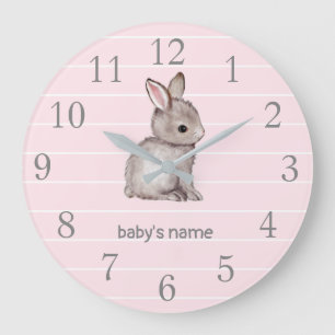 Reloj Redondo Grande Pink Grey Bunny Nursery Decor Wall Clock