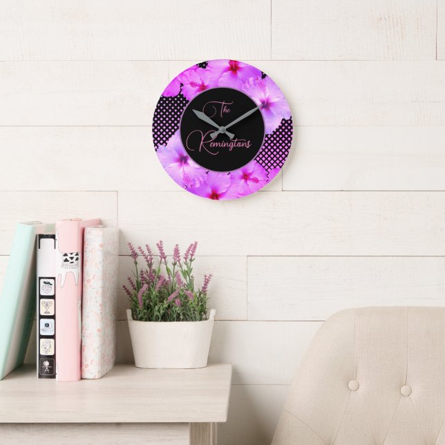 Reloj Redondo Grande Pink Hot Hibiscus Family Name Keepsake (Sala de lectura)