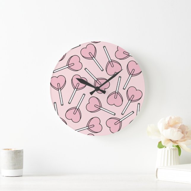 Reloj Redondo Grande Pink Lollipops, Heart Lollipops, Lollipop Pattern (Hogar)