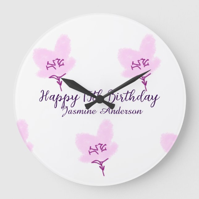 Reloj Redondo Grande Pink mauve floral 15th birthday quinceanera name d (Anverso)