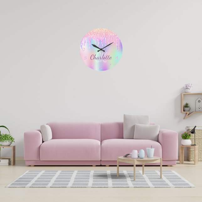 Reloj Redondo Grande Pink purple glitter drips holographic monogram (Subido por el creador)