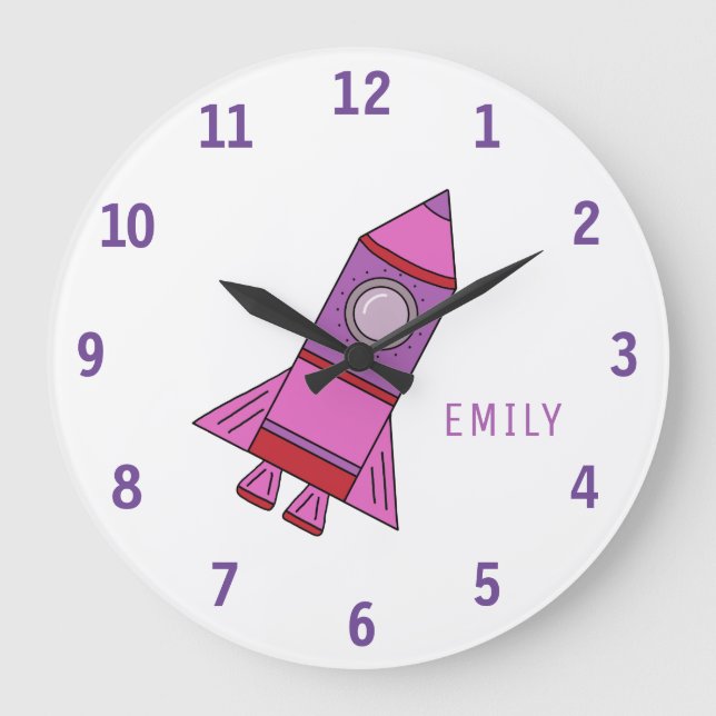 Reloj Redondo Grande Pink Rocket Ship Girl Name Girly Space  (Anverso)
