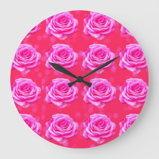 Reloj Redondo Grande Pink Roses On Pink Bokeh, Large Wall Clock. (Anverso)
