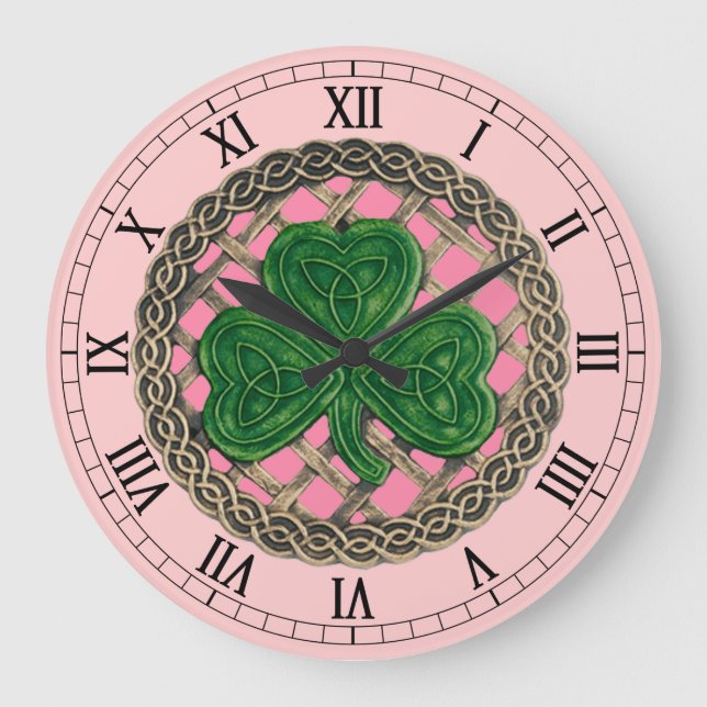 Reloj Redondo Grande Pink Shamrock & Celtic Knots Roman Numerals Clock (Anverso)