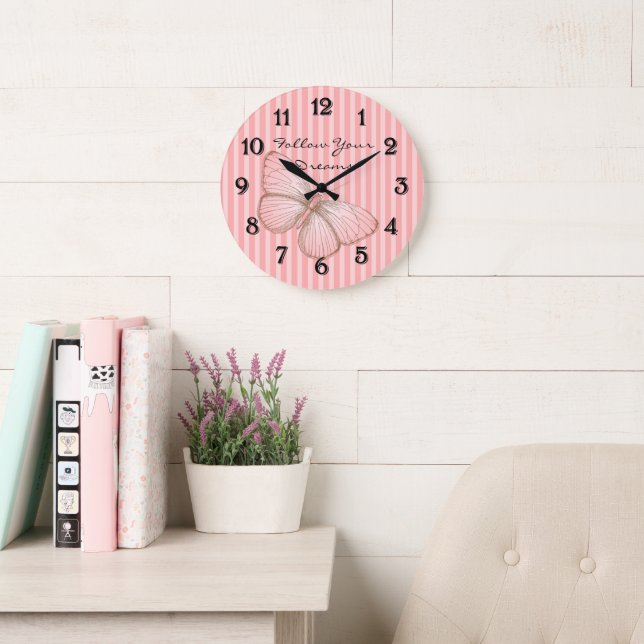 Reloj Redondo Grande Pink Stripes with Butterfly (Sala de lectura)