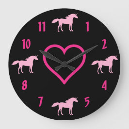 Reloj Redondo Grande Pink Unicorns with Hot Pink Heart on Black