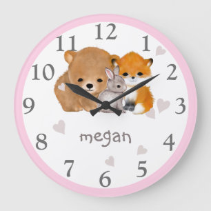 Reloj Redondo Grande Pink Woodland Animal Fox Bear Bungalow Wall Clock