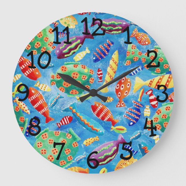 Reloj Redondo Grande Pintado colorido de acuarela de peces tropicales (Anverso)