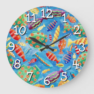 Reloj Redondo Grande Pintado colorido de acuarela de peces tropicales