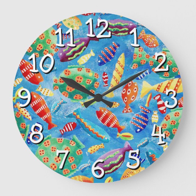Reloj Redondo Grande Pintado colorido de acuarela de peces tropicales (Anverso)