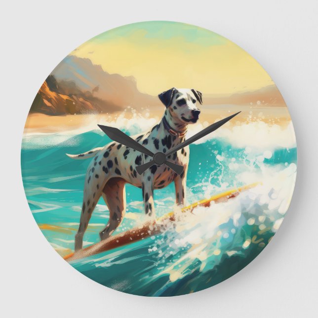 Reloj Redondo Grande Pintado de Dalmation Beach Surfing (Anverso)