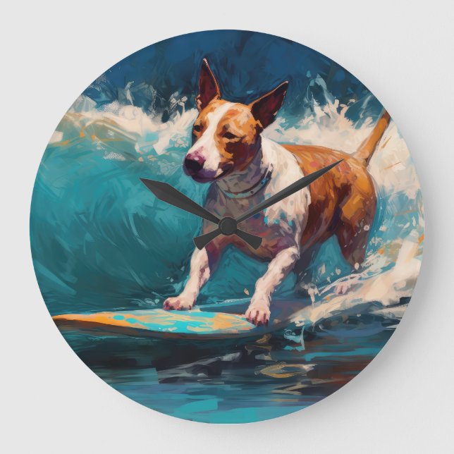 Reloj Redondo Grande Pintado de surf Bull Terrier Beach (Anverso)