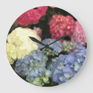 Reloj Redondo Grande Pintado digital de flores de hidrangea azul y rosa