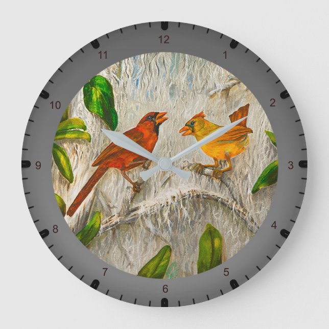Reloj Redondo Grande Pintando aves cardinales (Anverso)