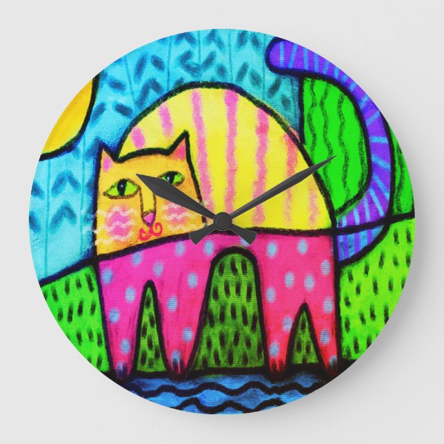 Reloj Redondo Grande Pintura abstracta de gato funky (Anverso)