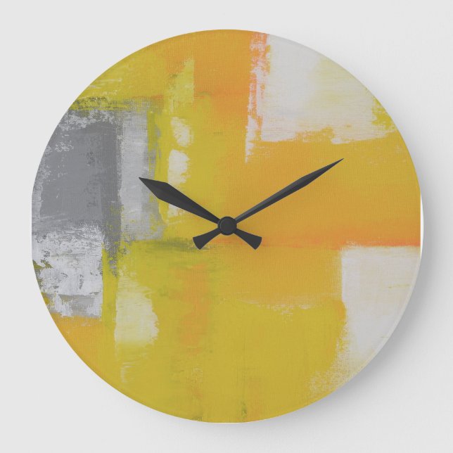 Reloj Redondo Grande pintura abstracta gris amarillo blanco (Anverso)