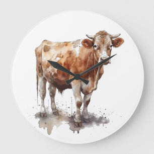 Reloj Redondo Grande pintura acuarela de una vaca en un pasto