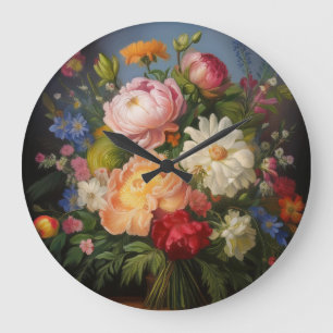 Reloj Redondo Grande Pintura al óleo de peonías